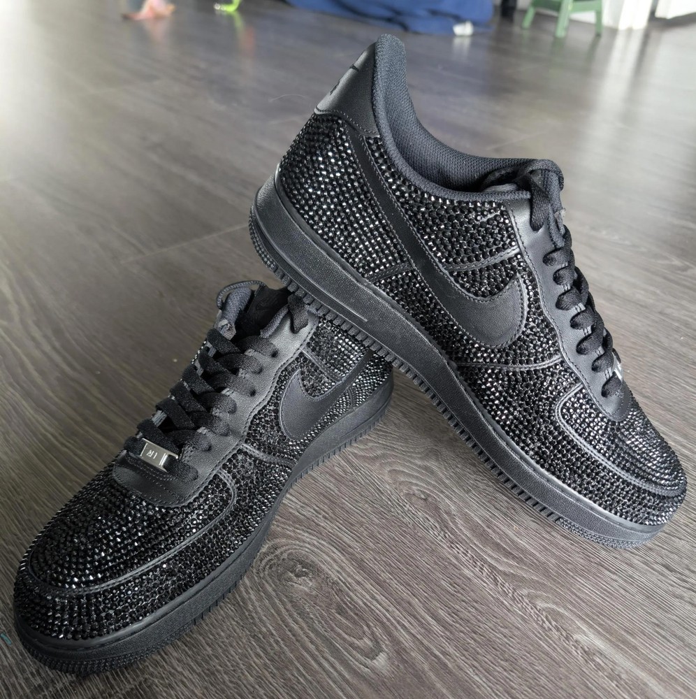 Custom Nike Air Force 1s with Crystal Clear Rhinestones, All Black