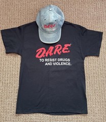 DARE D.A.R.E. Vintage Adjustable Denim Hat and Black Shirt Medium Size NO DRUGS