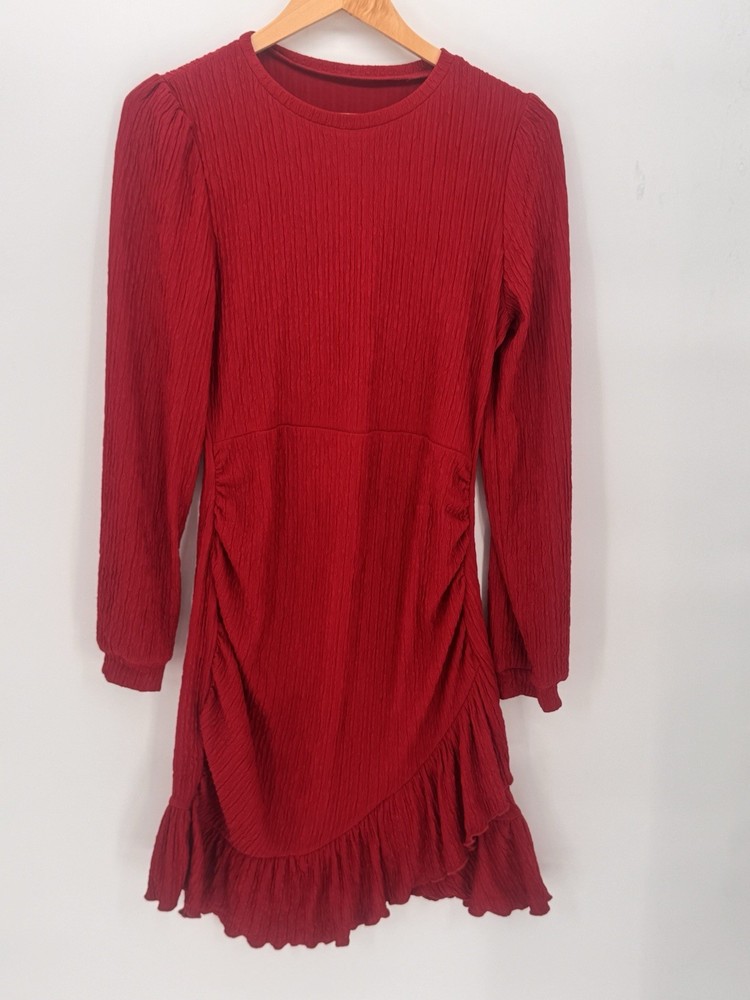 Cupshe Red Wrap Ruffled Ruched Mini Dress Long Sleeve Crumpled Sz Small Bohochic