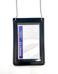 Neck Chain Double Sided ID Holder with 2 Clear Picture ID Windows, Leather Badge