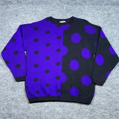 Vintage World Trade Knits Purple Black Polka Dot Colorblock Sweater Mens Large