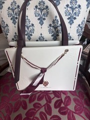 Yae Miko White/Purple Tote Bag Zip Top w/ Charm, Bow Accents, Pockets