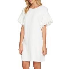 Cece Antique White Moss Crepe Tiered Pleated-Sleeve Shift Dress 6