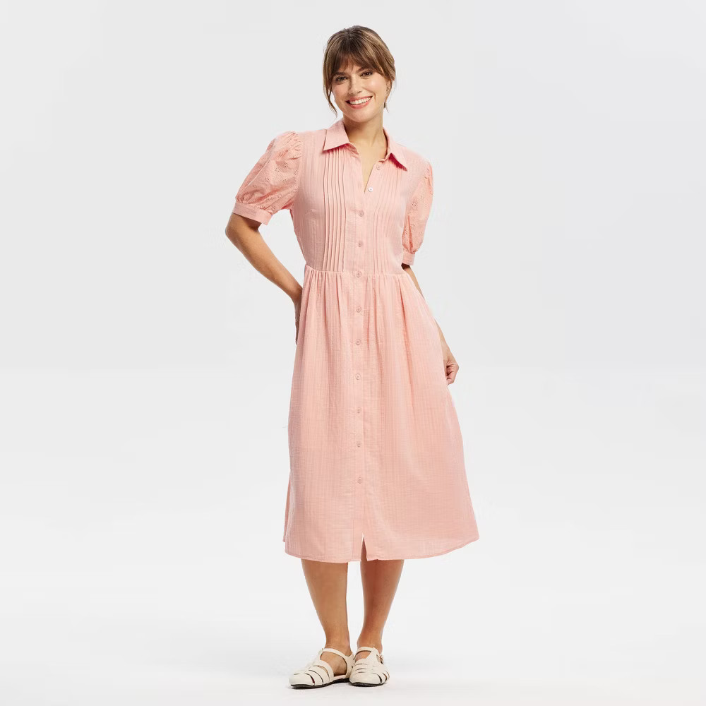 Women Puff Short Sleeve Eyelet Midi Shirtdress – Universal Thread Pink M