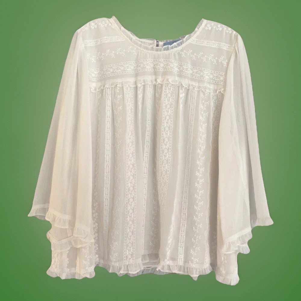 CeCe White Cream Lace Blouse Boho Ruffle Flounce 3/4 Sleeve Shirt Top Womens XL