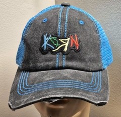 Korn Hat Distressed Ball Cap Hat Black & Neon Blue Mesh Hat