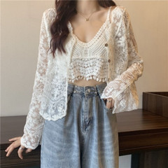 Ladies Lace Crochet Cardigan V-neck Hollow Knitted Embroidered Crop Top Shirt