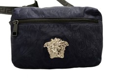 Versace Navy Heritage Print Silver Medusa Fabric & Leather Belt Fanny Pack Bag