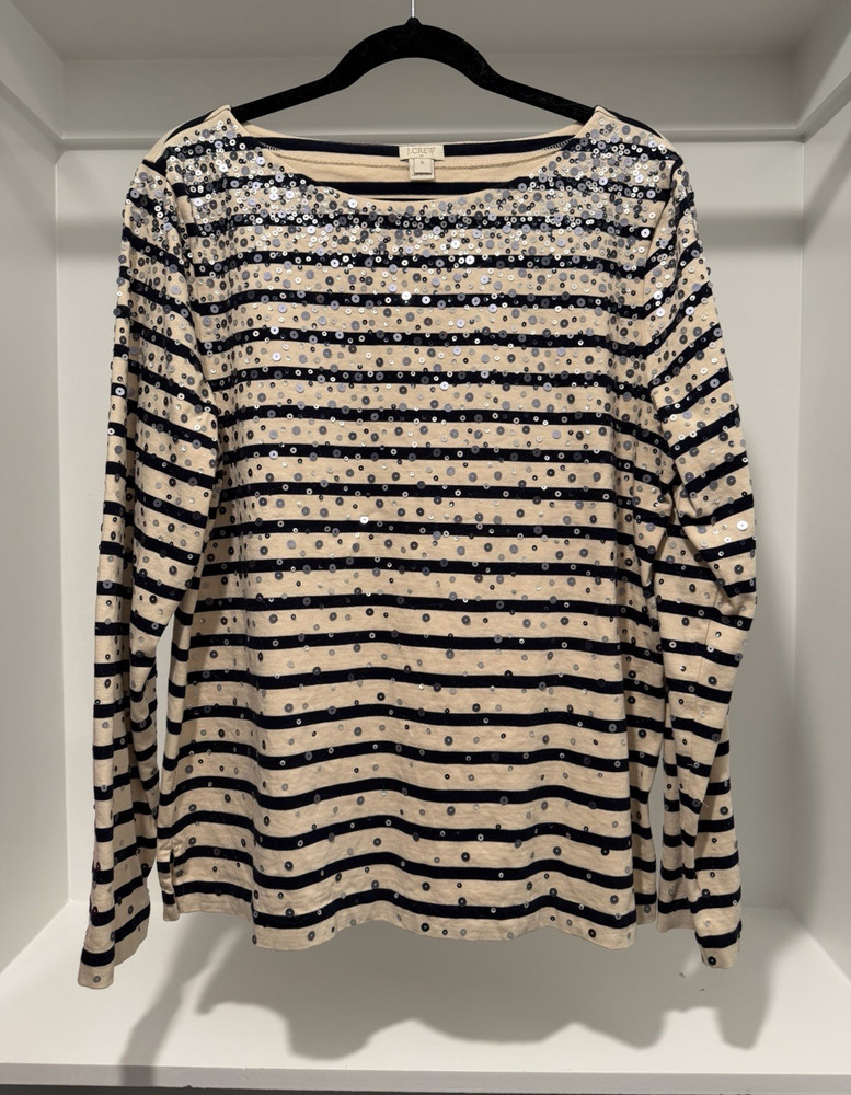 J.CREW Women’s Beige/Blue Striped Crew Neck Long Sleeve Knit Sequin Top XL