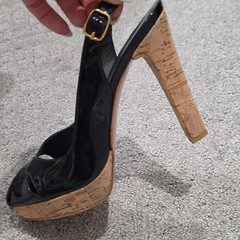Stuart Weitzman Black Patent Leather Slingback Peep Toe Platform Heels EU38.5