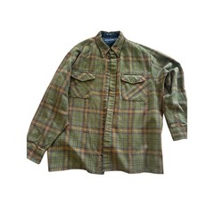 Vintage Savile Row XL Plaid Button Down Shirt Olive Green Flannel Look Outdoor