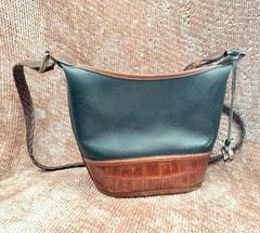 Brighton Black/Brown Crescent Shoulder Bag Zip Braided Strap Heart Charm