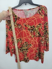 Chicos Top Womens XL 3 Red Black Print Boat Neck Dolman Sleeve Art to Wear Shirt