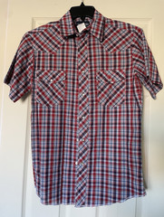 Wrangler Men’s S Red/Blue/White Plaid Woven Short Sleeve Point Collar Pockets