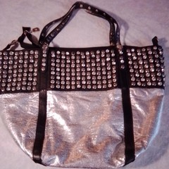 Womens Black Silver Large Shoulder Bag Zip Studded Metallic Floral Lined Pockets