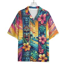 Tiki Mask Pop Art Hawaiian Shirt Rayon Short Sleeve Aloha Hawaiian Button Up