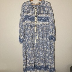 R Vivimos Midi Dress 2XL Blue Floral Tassels Cottage Milkmaid Boho Peasant