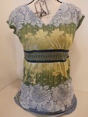Axcess Blue & Green Floral Babydoll Top Cap Sleeves V-Neck Lined Small