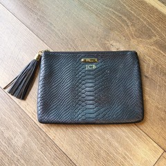 GiGi New York Black Python Embossed Leather Tassel Clutch Monogram JCB