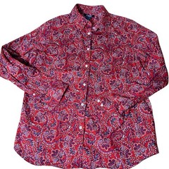 CHAPS Shirt Sz Large Red Floral Paisley No Iron 100% Cotton Long Sleeve Blouse