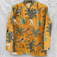 Block Print Cotton Coat, Mustard Yellow Safari Jungle Print Kantha Jacket,