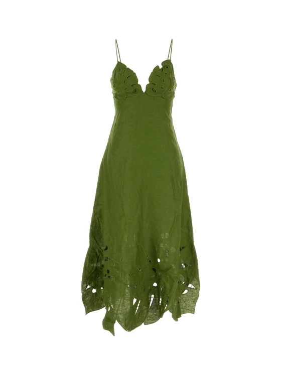 NEW, Farm Rio Monstera Embroidered Linen Midi Dress in Green Sz L #MD2143