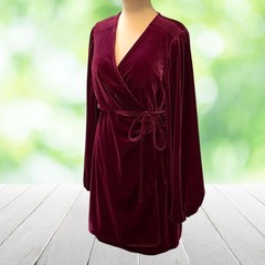 GIANNI BINI Velvet Wrap Dress Mini Balloon Sleeve Romantic Party Wine Size L
