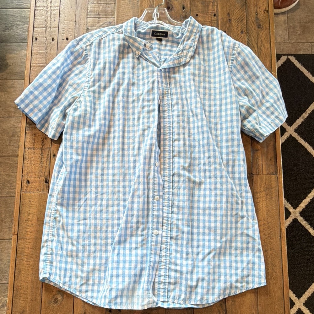 Club Room Men’s Blue/White Check Cotton Woven SS Button-Down Button-Up XL