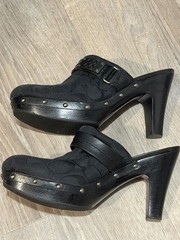 Coach Black Signature Logo Canvas & Leather Mule Slip-On Studded Buckle US 8B