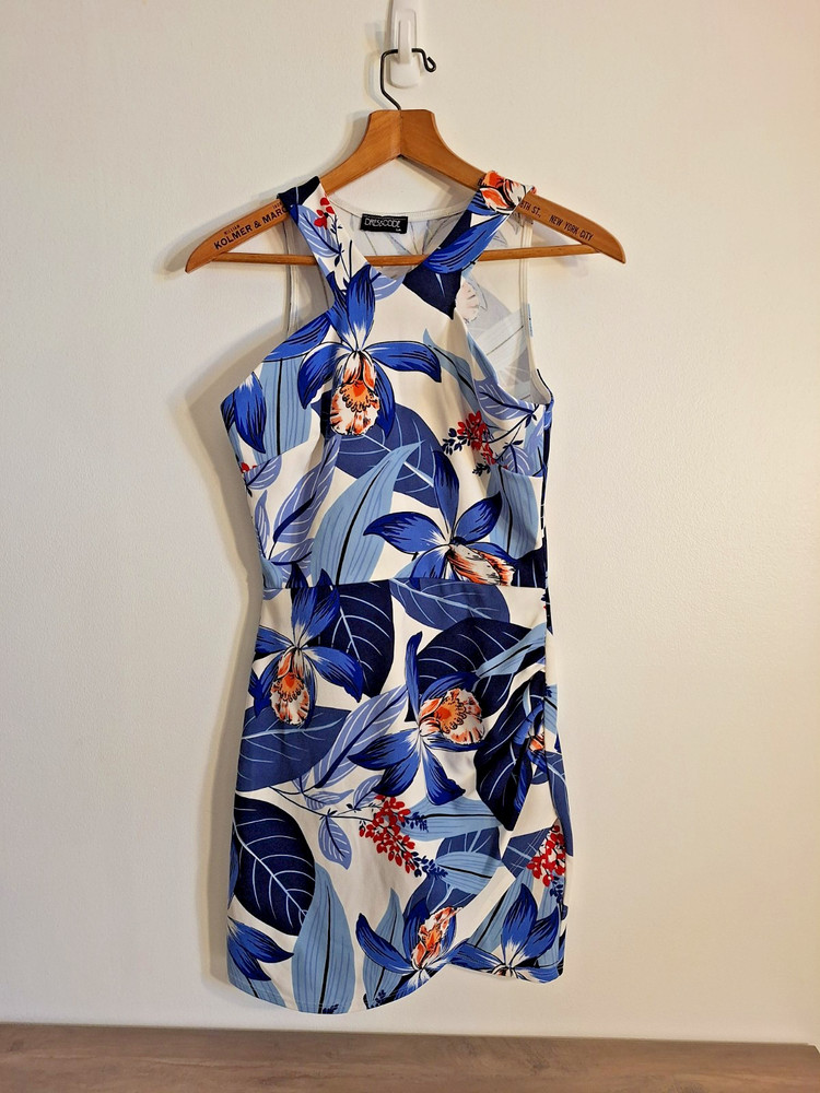 Dresscode LA Floral Tropical Mini Dress Halter High Neck Ruched Wrap Bodycon S