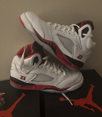Jordan Air Jordan 5 Mid Top Leather Lace Up Basketball Sneaker White/Red/Black