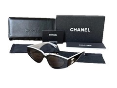 CHANEL SUNGLASSES BLACK WHITE FRAME CLASSIC 6056 CAT EYE WOMEN