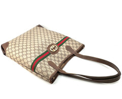 Vintage GUCCI Tote Bag GG Sherry Line PVC Leather Brown Authentic