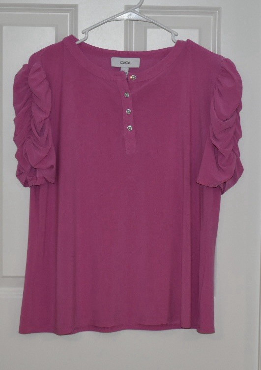 CeCe Women’s L Pink Round Neck Short Sleeve Ruffle rhinestone Button top