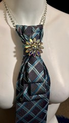 Women’s Blue & Gray Plaid Designer Neck Tie Necklace with Rhinestone Pendant