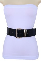 Women Black Wide Waistband Fashion Belt Gold Metal Buckle Comfortable Fit M L XL