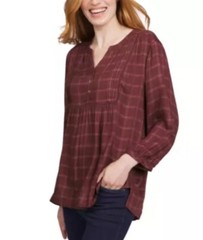 Wrangler Reddish Brown, Plaid Blouse, 3/4 Bracelet Sleeves, Large, 100% Viscose.