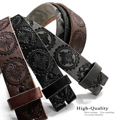 Floral Engraved One Piece Genuine Full Grain Leather Belt Strap 1-1/2″ Wide