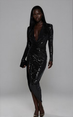 JOHN ZACK BLACK SEQUIN PLUNGE V NECK WRAP OVER DRESS