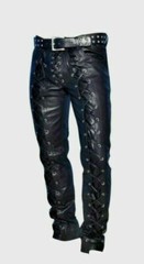 Men’s Real Cowhide Waxed Black Leather Pants Side Lacing Jean Trouser Cuir
