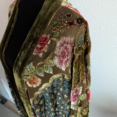 HAND BEADED PEACOCK SILK VELVET BURNOUT ART TO WEAR KIMONO IN OLIVE GREEN, OS+!