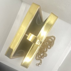 Gold Polished Metal Box Crossbody Bag w/ Detachable Chain Strap, Studs, Latch