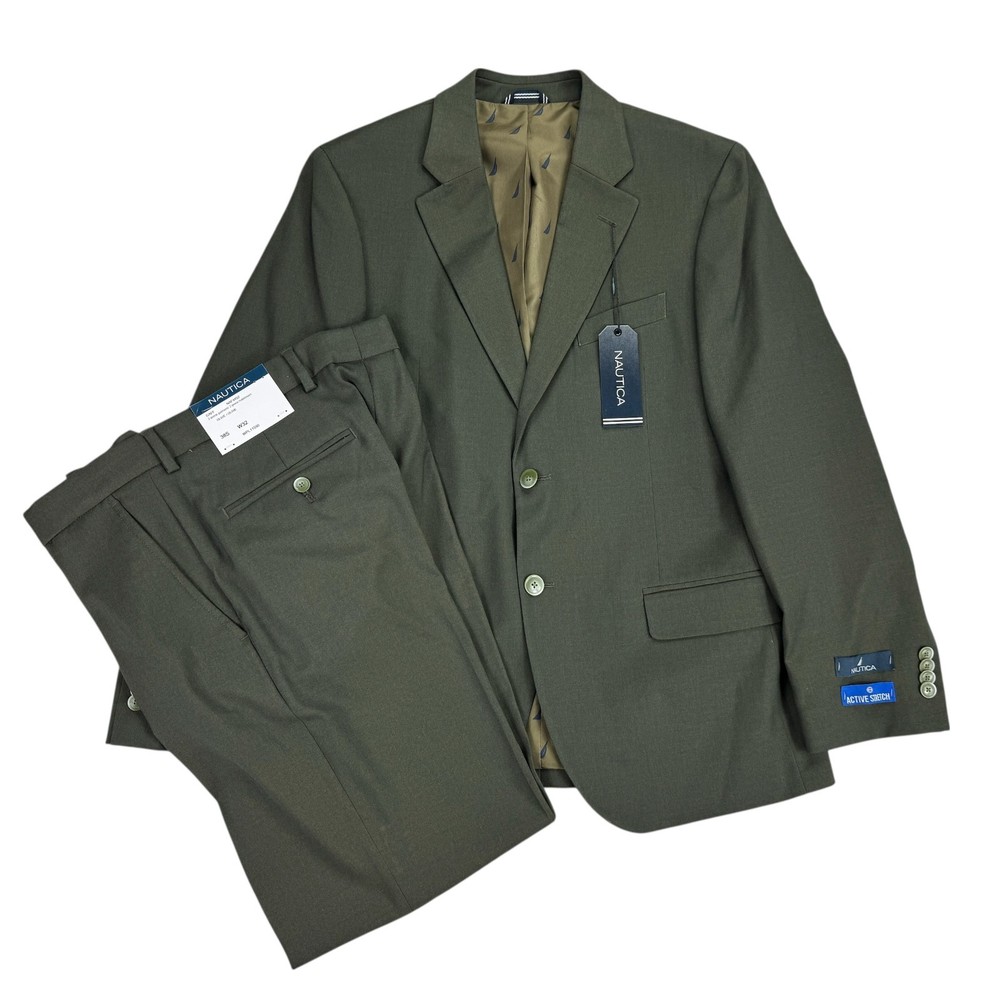Nautica Mens 2-Piece Modern Fit Active Stretch Solid Suit Olive Green 38S 32W