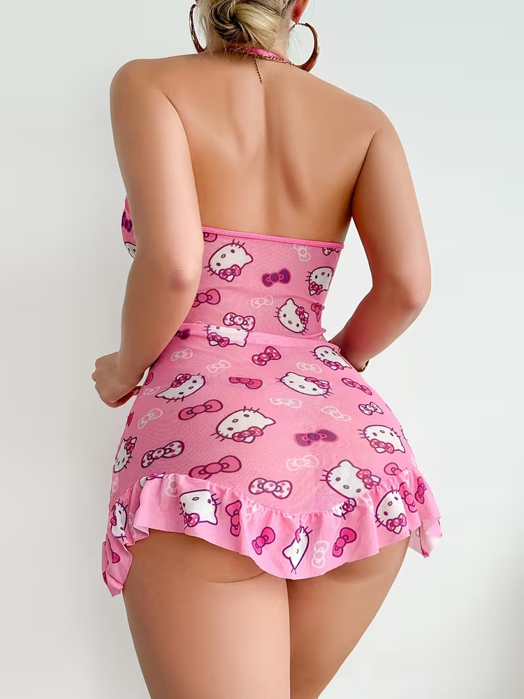 Large Pink Hello Kitty Lingerie Bodycon Babydoll. Cut-Out, Ruffle Hem Backless