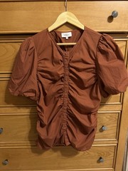 Bohme Button Down Ruched Brown Womens Top Size Medium Puff Sleeve 100% Cotton