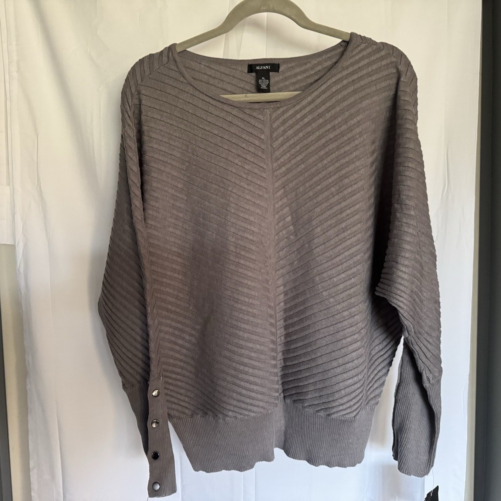 Alfani Dolman Sleeve Pullover Sweater Gray XL Button Accent Knit Cotton Blend