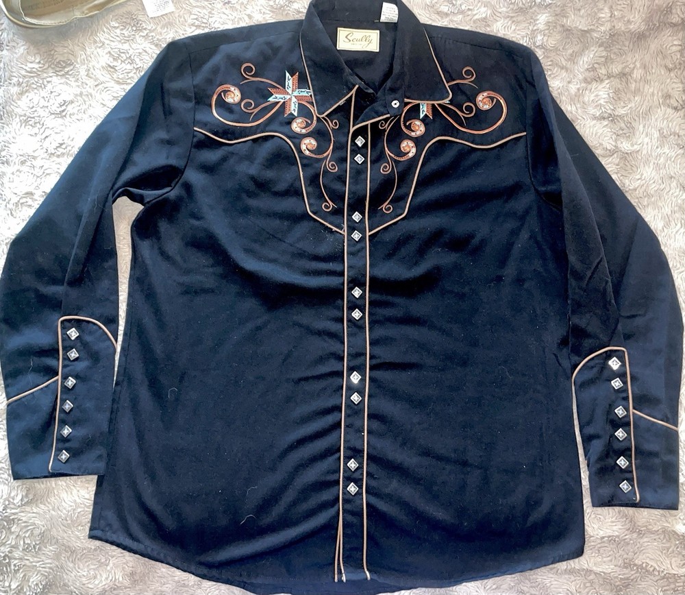 SCULLY Vintage Diamond Pearl Snap Embroidered Western Shirt L Star Scrolls EUC