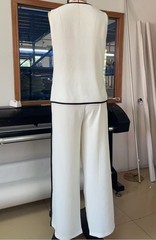 Ladies Solid Sleeveless V Neck Black Edge Trim Matching Wide Leg Trousers Suit