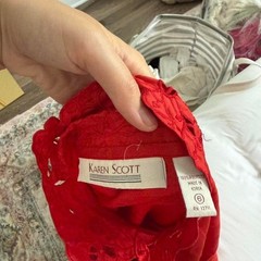 Vintage Karen Scott Red Satin Blouse Crochet Lace Collar Puff Sleeve Size 6