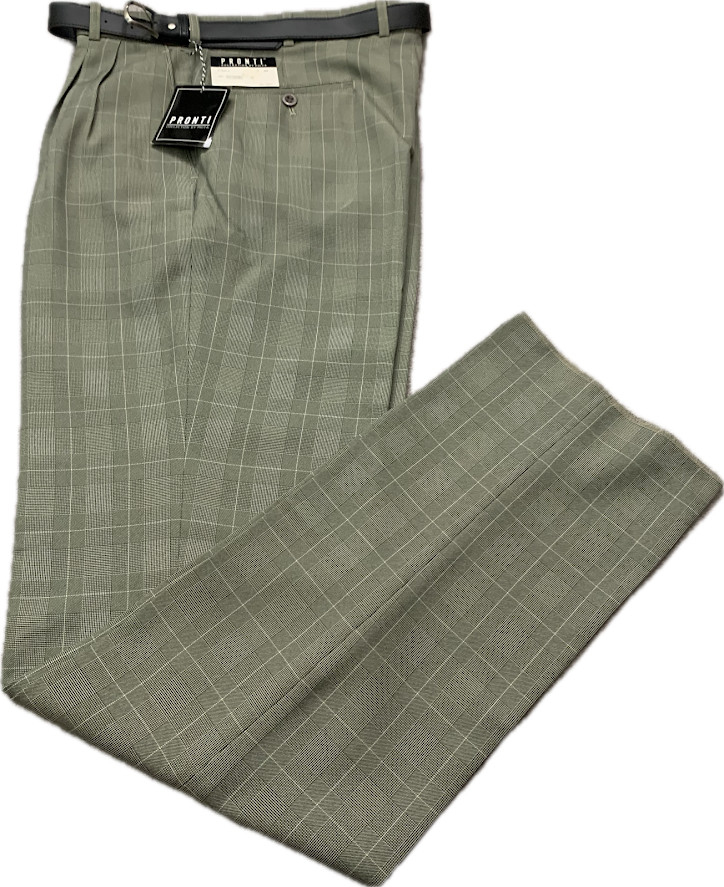 NWT Pronti Mens Pleated Dress Pants Green Plaid Slacks Unfinished Hem With Belt